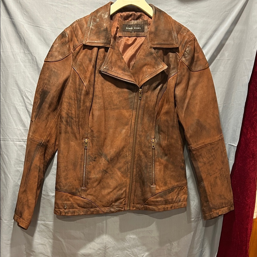 Black Rivet Women's Distressed Brown Leather Jacket